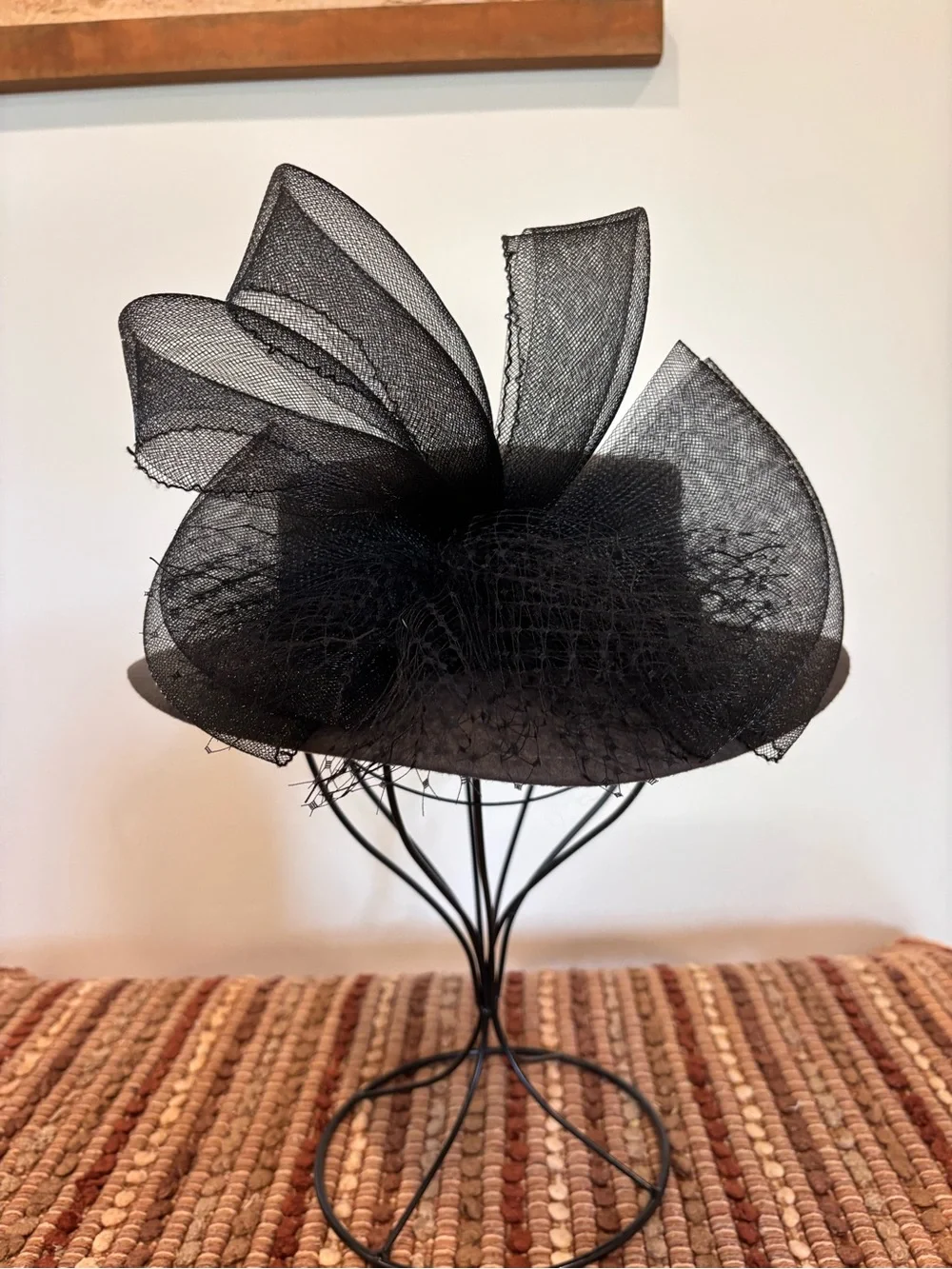 Brown Wool Felt Wide Brim Fascinator Hat Black Sinamay Bow Veil Kentucky Derby - Picture 3 of 7